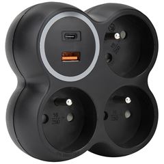 Solight rozbočka, 3x 15A, USB A+C rychlonabíječka 20W PD, matná černá