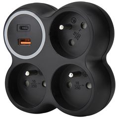 Solight rozbočka, 3x 15A, USB A+C rychlonabíječka 20W PD, matná černá