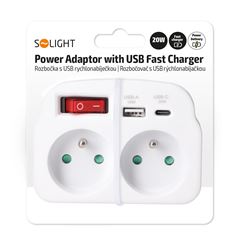 Solight rozbočka 2 x 16A, USB A+C rychlonabíječka 20W PD, bílá, vypínač