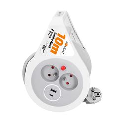 Solight prodlužovací přívod na bubnu 10m, USB A+C, 2 zásuvky, šedý kabel, 3x 1,0mm2