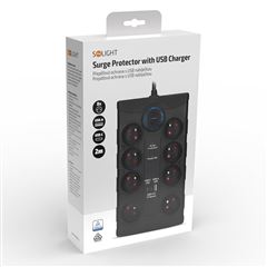 Solight přepěťová ochrana, 8z, USB A+CA, 2m, černá