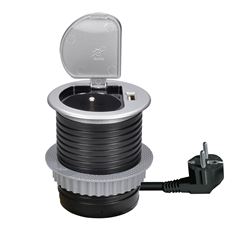 Solight USB vestavná zásuvka s víčkem, 1 zásuvka, plast, délka 1,5m, 3x 1mm2, USB 2100mA, stříbrná
