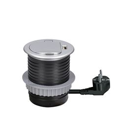 Solight USB vestavná zásuvka s víčkem, 1 zásuvka, plast, délka 1,5m, 3x 1mm2, USB 2100mA, stříbrná