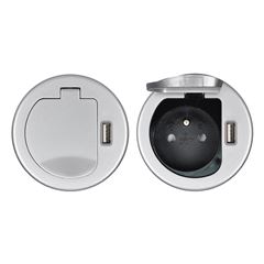 Solight USB vestavná zásuvka s víčkem, 1 zásuvka, plast, délka 1,5m, 3x 1mm2, USB 2100mA, stříbrná
