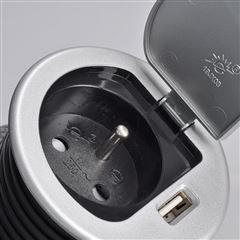 Solight USB vestavná zásuvka s víčkem, 1 zásuvka, plast, délka 1,5m, 3x 1mm2, USB 2100mA, stříbrná