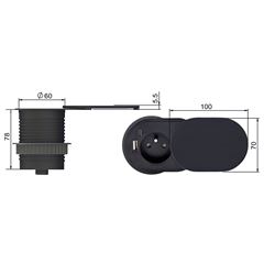 Solight 1z + USB A+C 20W PD vestavná zásuvka s posuvným víčkem, 2m, matná černá