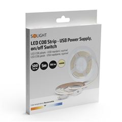 Solight LED COB pásek, 5m, 7W/m, 500lm/m,  neutrální bílá, USB napájení, vypínač, 8mm