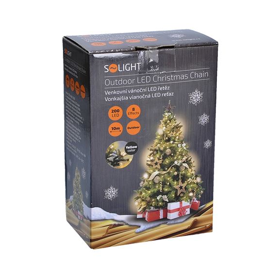 Solight LED Outdoor Christmas Chain, 200 LED, 10m, 5m Inlet, 8 Functions, IP44, Warm White