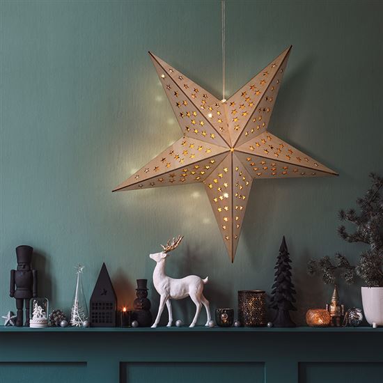 Solight LED wooden Christmas star, hanging, timer, 60cm, 20x LED, 2x AA