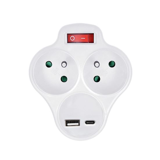 Solight adaptor with USB Type A+C charger, 2 x 10A, on-off switch, white