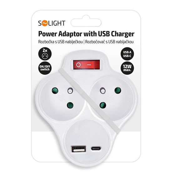 Solight adaptor with USB Type A+C charger, 2 x 10A, on-off switch, white