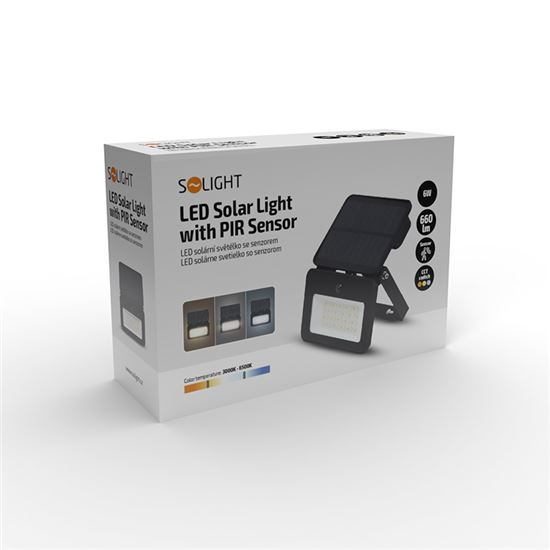 Solight LED solar light with PIR sensor, 6W, 660lm, 3CCT, Li-Ion, black