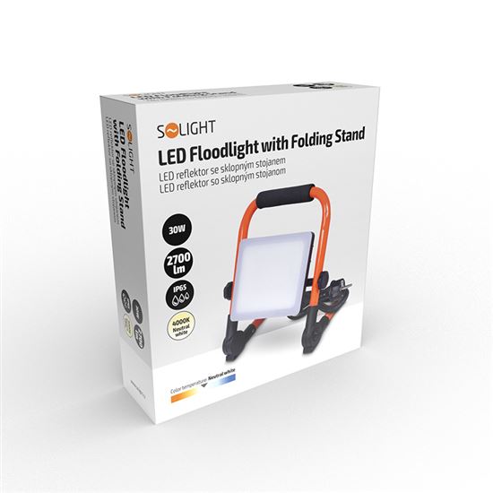 Solight LED floodlight with folding stand, 30W, 2700lm, 4000K, cable with plug, IP65