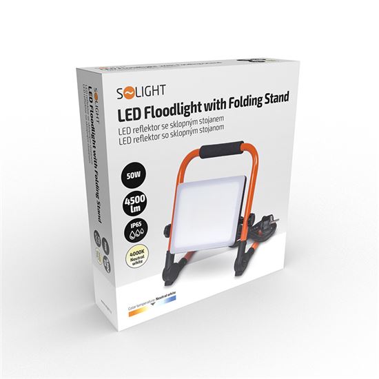 Solight LED floodlight with folding stand, 50W, 4500lm, 4000K, cable with plug, IP65