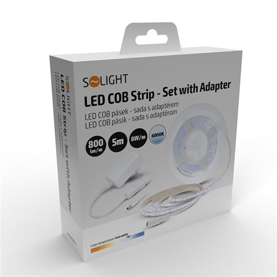 Solight LED COB strip, set with adapter, switch, 5m, 8W/m, 800lm/m, cold white