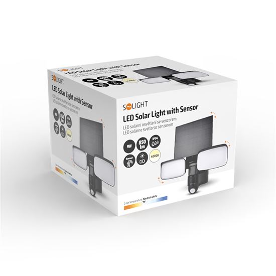 Solight LED solar light with PIR sensor, 9W, 850lm, 4000K, Li-Ion, black