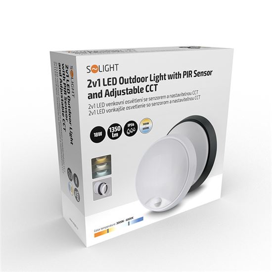Solight LED outdoor light with PIR and adjustable CCT, 18W, 1350lm, 22cm, 2in1 - white and black cover