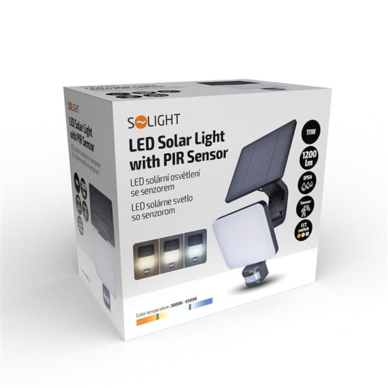 Solight LED solar light with PIR sensor, 11W, 1200lm, 3CCT, Li-Ion, black