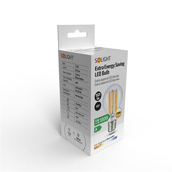 Solight extra-saving LED bulb 7,2W, 1521lm, 2700K, eq. 100W