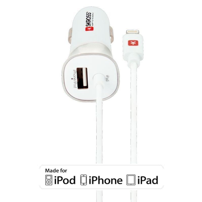 SKROSS USB Car Charger and Lightning Connector nabíjecí autoadaptér, integrovaný kabel + 1x USB výstup navíc, 3400mA max.