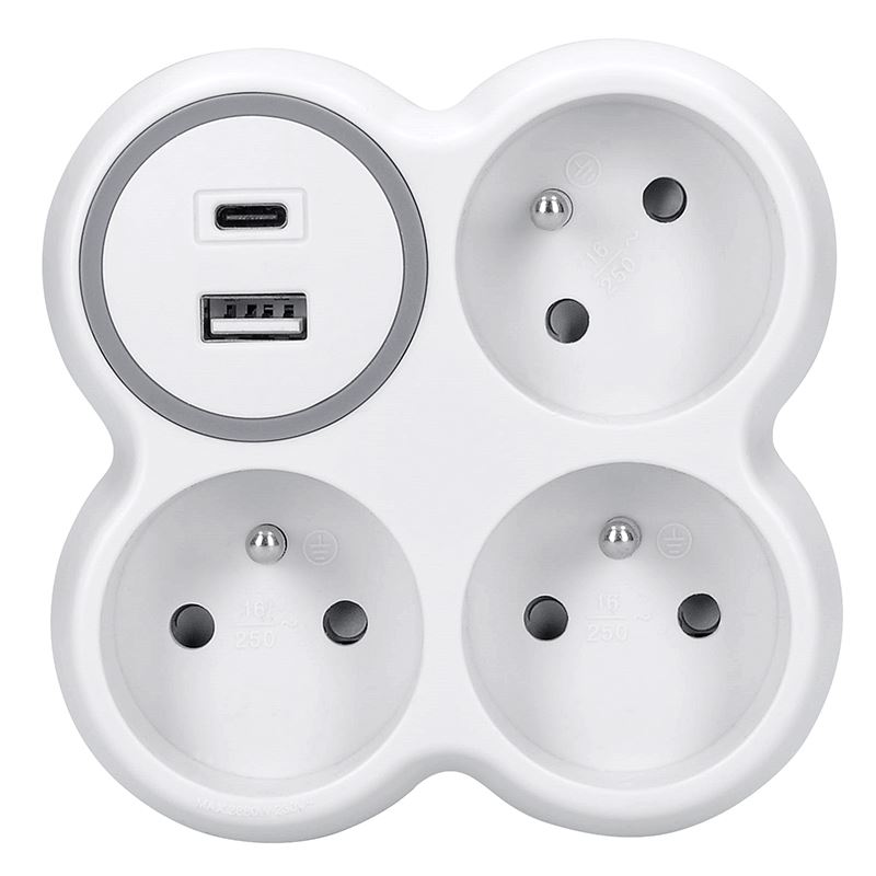Solight rozbočka, 3x 16A, USB nabíječka A+C, bílá-šedá, vypínač