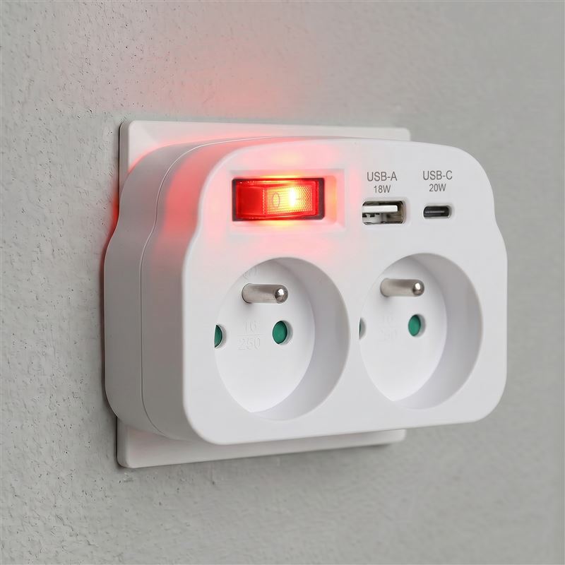 Solight rozbočka 2 x 16A, USB A+C rychlonabíječka 20W PD, bílá, vypínač