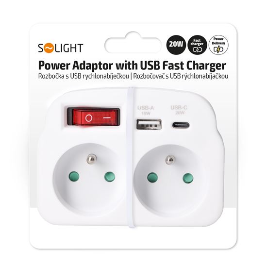 Solight rozbočka 2 x 16A, USB A+C rychlonabíječka 20W PD, bílá, vypínač