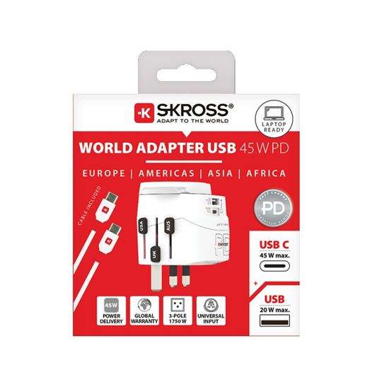 SKROSS cestovní adaptér PRO Light USB AC45PD - World, UK+USA+AUS/CN, univerzální, uzemněný, USB A+C 45W