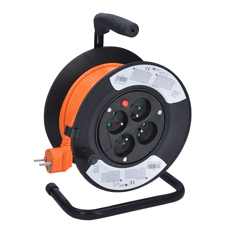 Solight prodlužovací přívod na bubnu, 4 zásuvky, 15m, oranžový kabel, 3x 1,0mm2