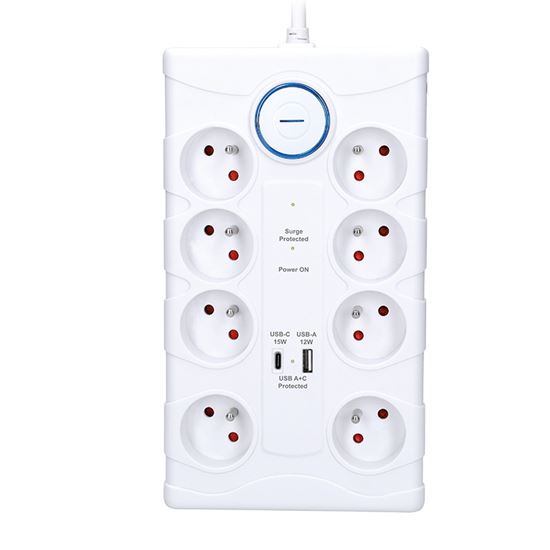Solight přepěťová ochrana, 8z, USB A+C, 2m, bílá
