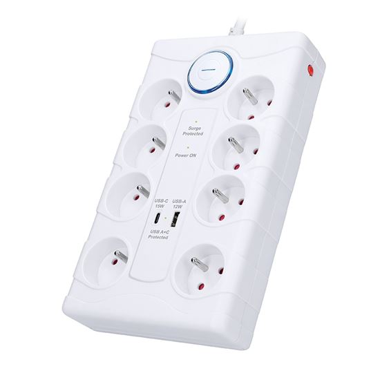 Solight přepěťová ochrana, 8z, USB A+C, 2m, bílá