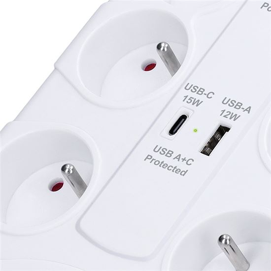 Solight přepěťová ochrana, 8z, USB A+C, 2m, bílá