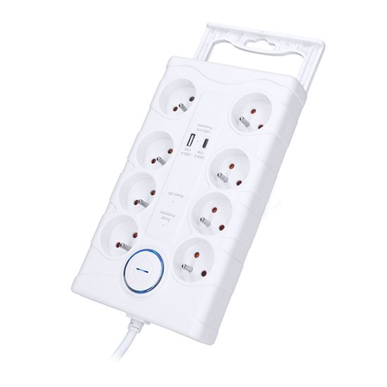 Solight přepěťová ochrana, 8z, USB A+C, 2m, bílá