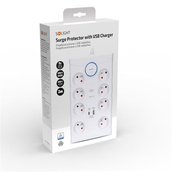Solight přepěťová ochrana, 8z, USB A+C, 2m, bílá