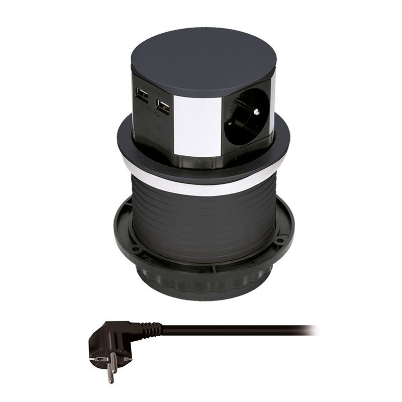 Solight výsuvný blok zásuvek, 3 zásuvky, 2x USB, kruhový tvar nízký,  prodlužovací přívod 1,5m, 3 x 1mm2, černý
