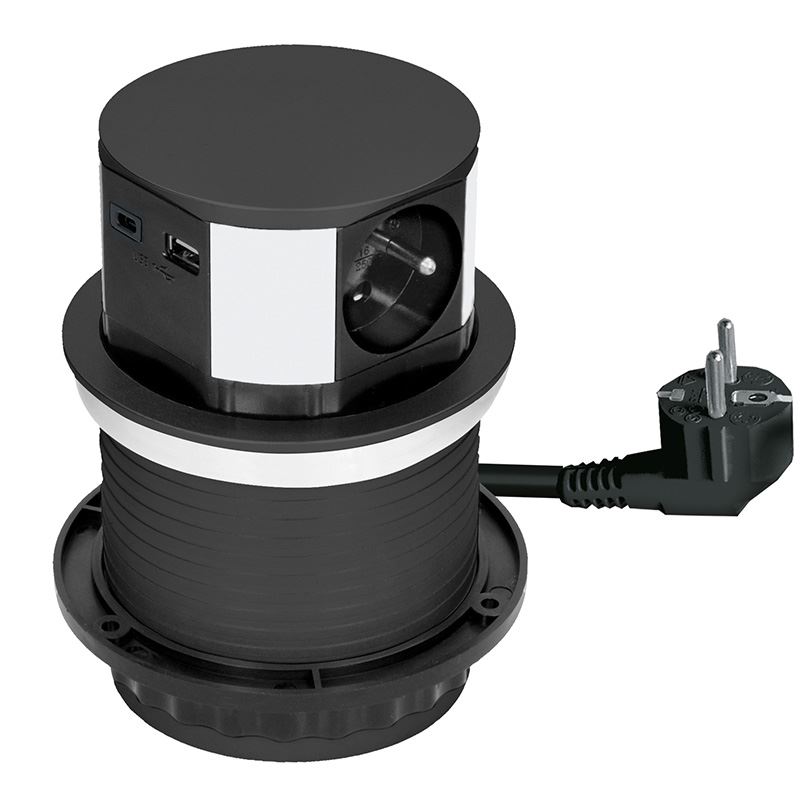 Solight 3z + USB A+C výsuvný blok zásuvek, 2m, černý