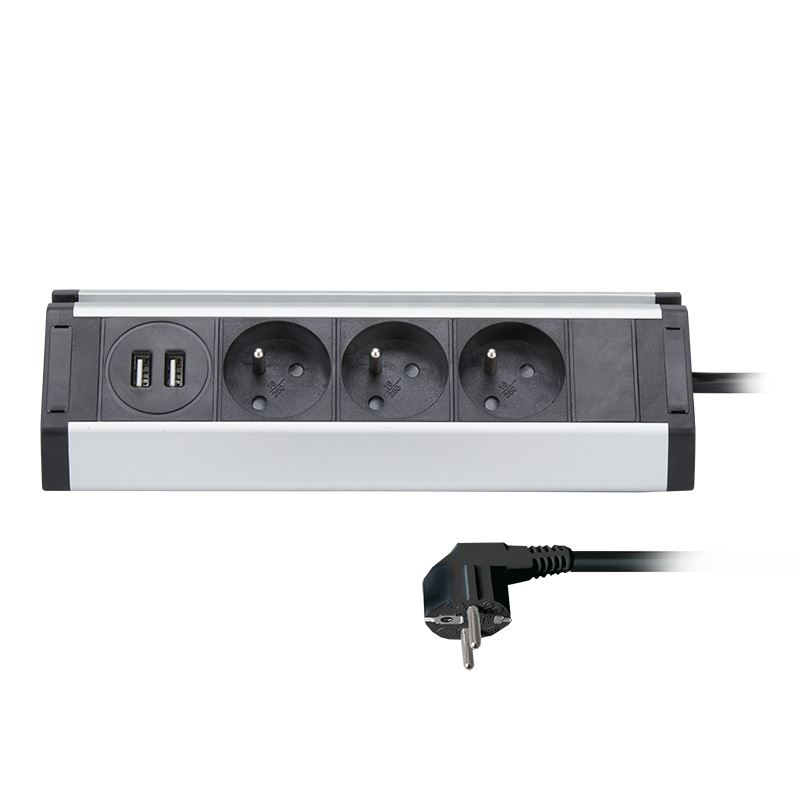 Solight prodlužovací přívod, 3 zásuvky + 2X USB, 1,5m, 3 x 1mm2, hliník, rohový design