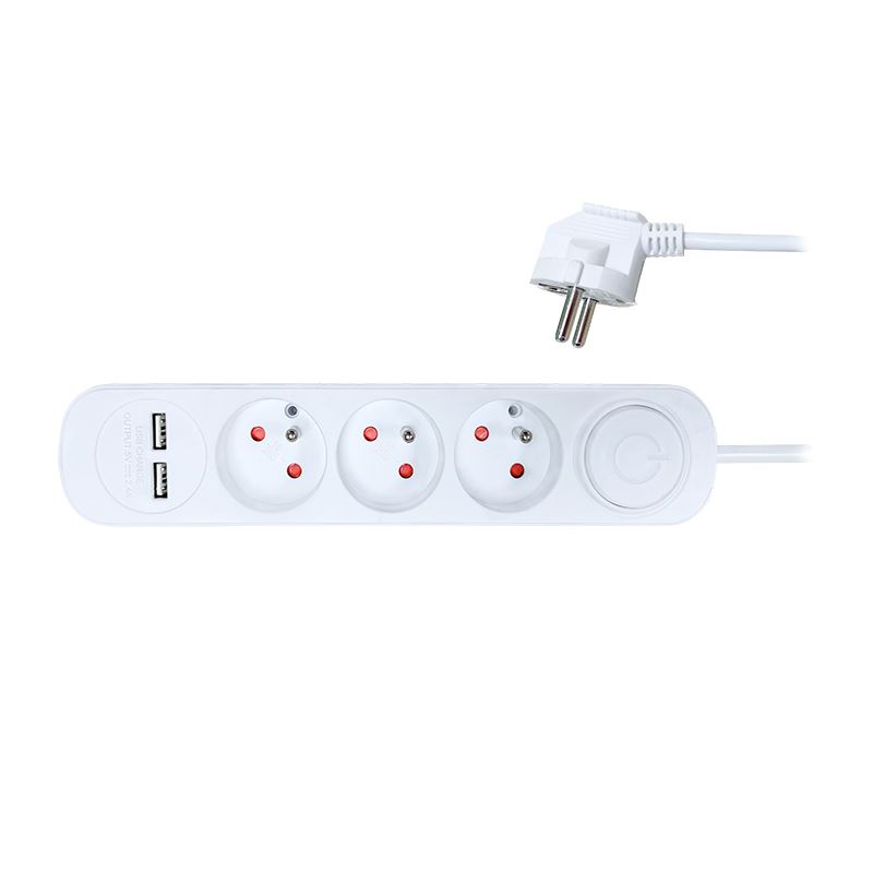 Solight prodlužovací přívod, 3 zásuvky, USB 2.4A, bílý, 3 x 1mm2, vypínač, 2m