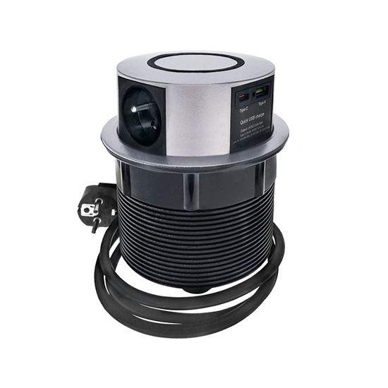 Solight 3z + USB A+C 20W PD, Wireless 10W, výsuvný blok zásuvek, 2m,  stříbrný
