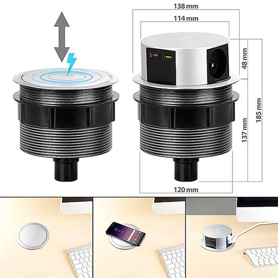 Solight 3z + USB A+C 20W PD, Wireless 10W, výsuvný blok zásuvek, 2m,  stříbrný