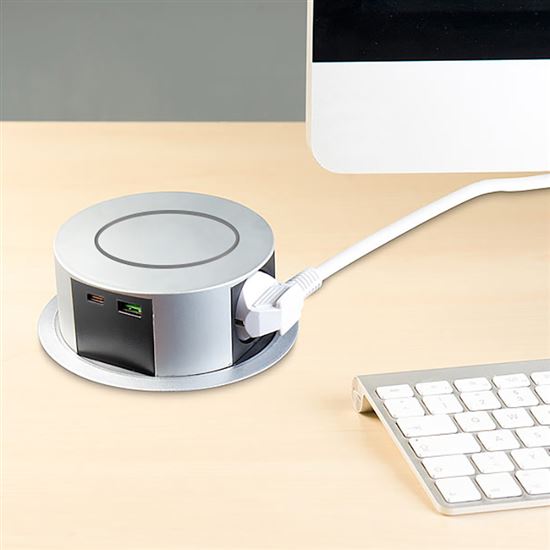 Solight 3z + USB A+C 20W PD, Wireless 10W, výsuvný blok zásuvek, 2m,  stříbrný