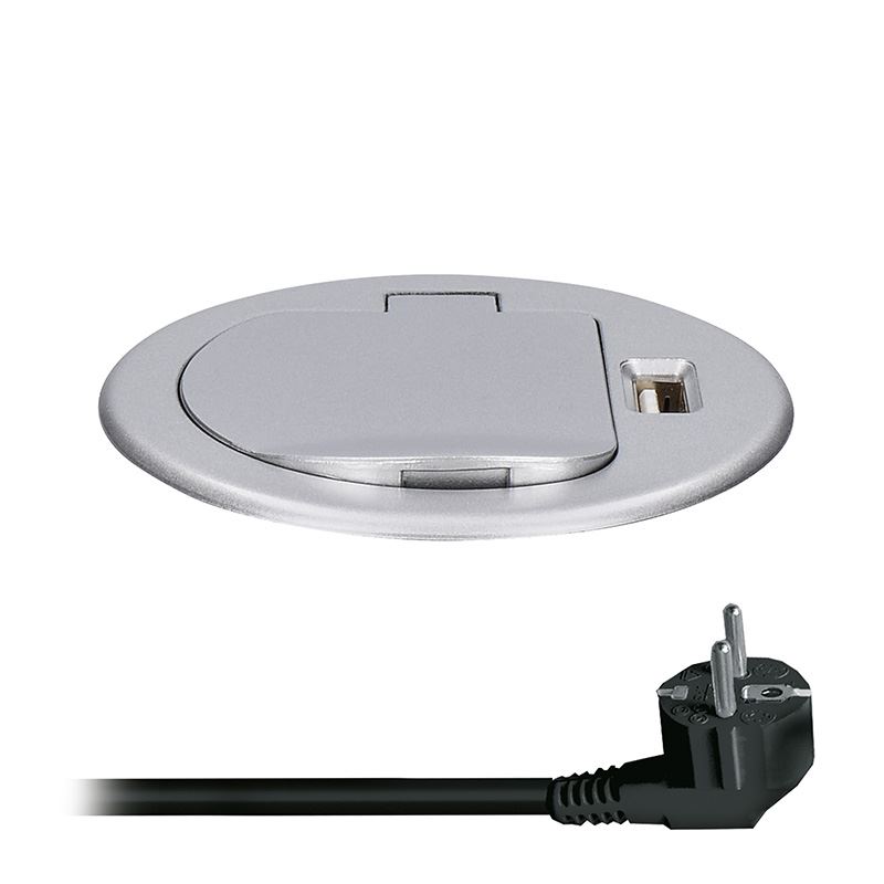 Solight USB vestavná zásuvka s víčkem, 1 zásuvka, plast, kruhový tvar, prodlužovací přívod 1,5m, 3x 1mm2, USB 2100mA, stříbrná