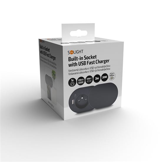 Solight 1z + USB A+C 20W PD vestavná zásuvka s posuvným víčkem, 2m, matná černá