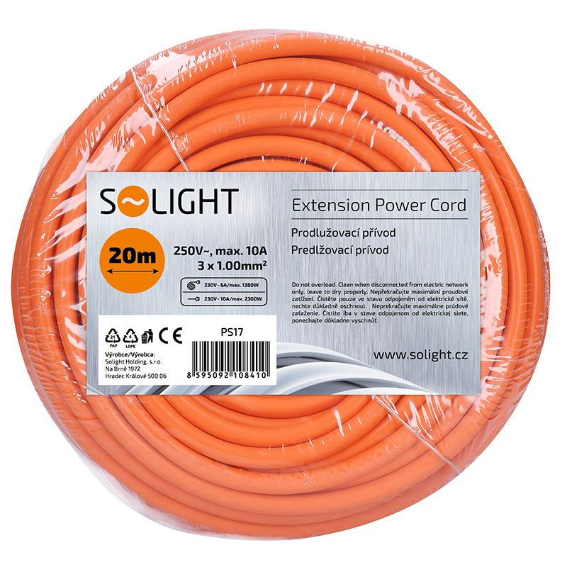Solight prodlužovací přívod - spojka, 1 zásuvka, 20m, 3 x 1mm2, oranžová