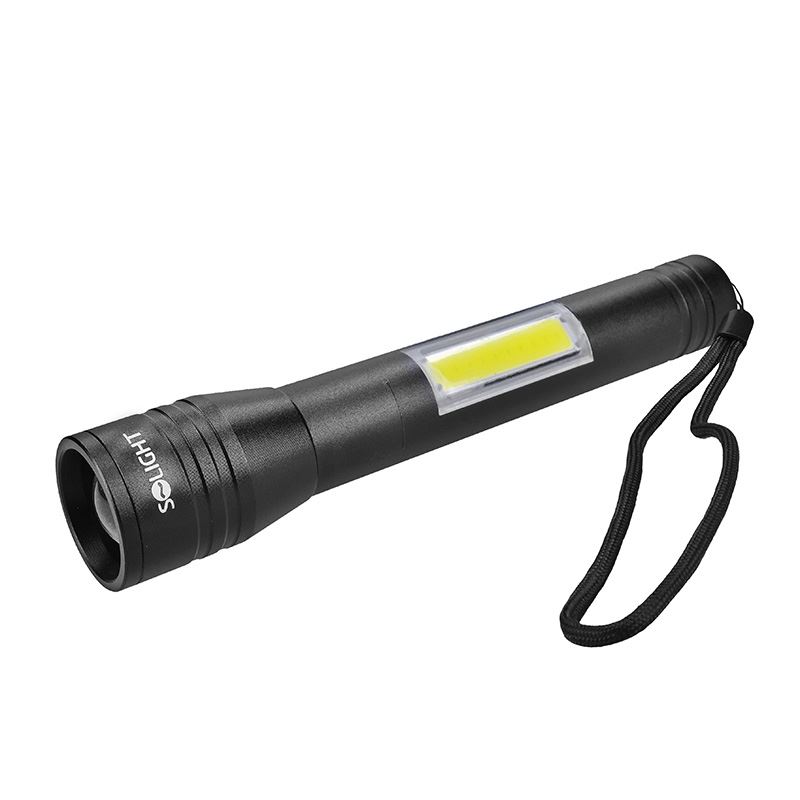 Solight LED kovová svítlna 3W + COB, 150 + 120lm, 2x AA, černá