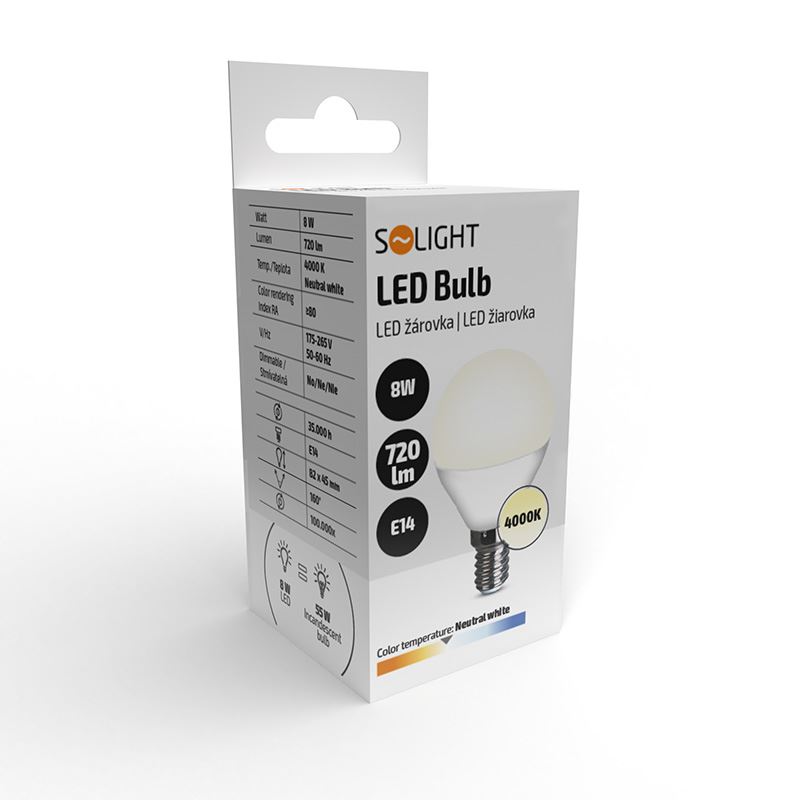 Solight LED žárovka, miniglobe, 8W, E14, 4000K, 720lm, bílé provedení