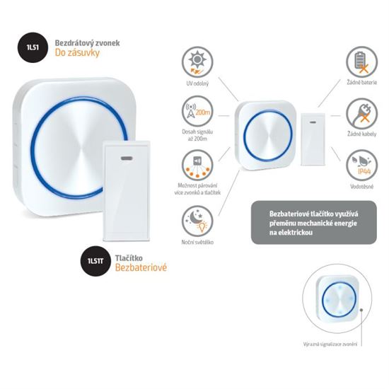 Solight Wireless Kinetic doorbell, battery free-transmitter, plug-in, 150m, learning code, white