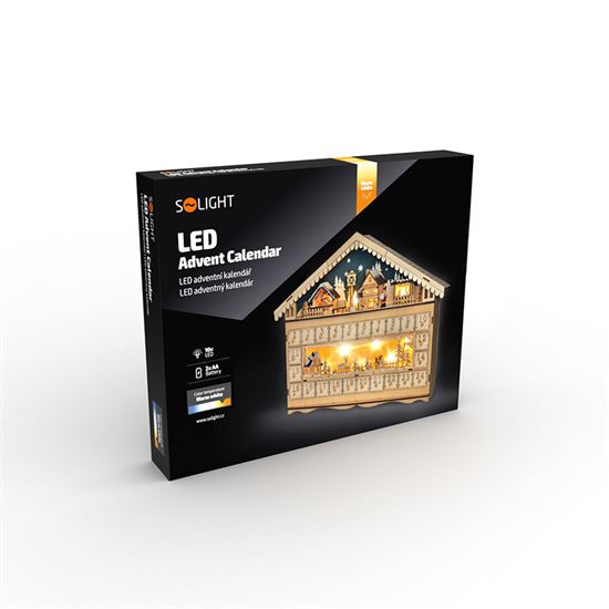 Solight LED adventní kalnedář - horská chata, 10x LED, 50x40cm, 2x AA