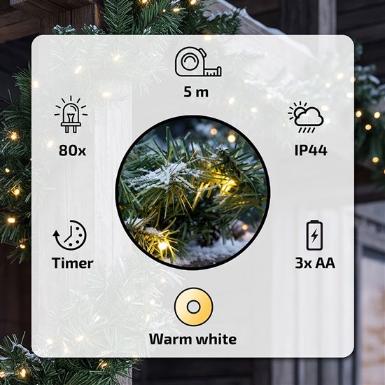 Solight LED Christmas garland with needles, 5m, 80x LED, timer, 3xAA, IP44