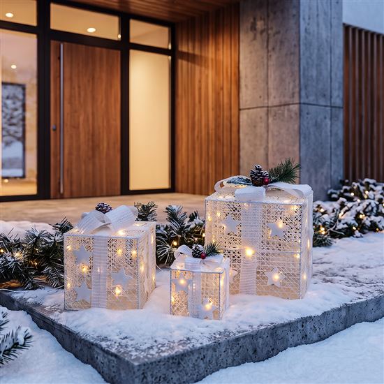 Solight set of 3 LED Christmas gifts, 48x LED, IP44, 230V, white design